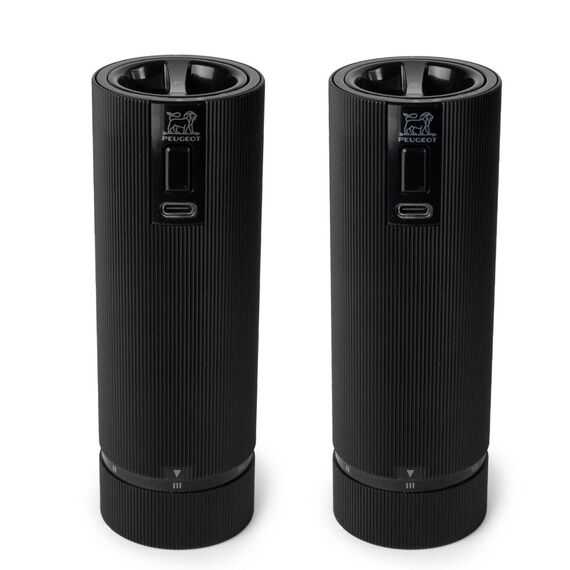 Набор из 2-х электрических мельниц для соли и перца, 15 см, карбон + алюминий, 6 степеней помола, черные матовые, LINE Zirlion, PEUGEOT, Франция