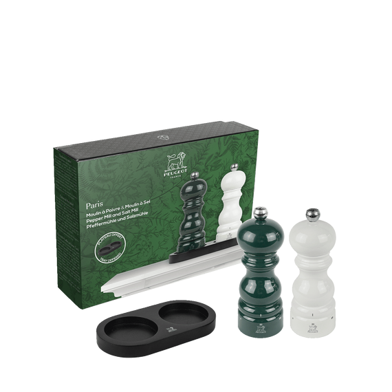 Набор из 2-х мельниц для соли и перца с подставкой 15 см,  деревянные, зеленая и слоновая кость, 6 степеней помола, PARIS U'SELECT PEUGEOT, Франция